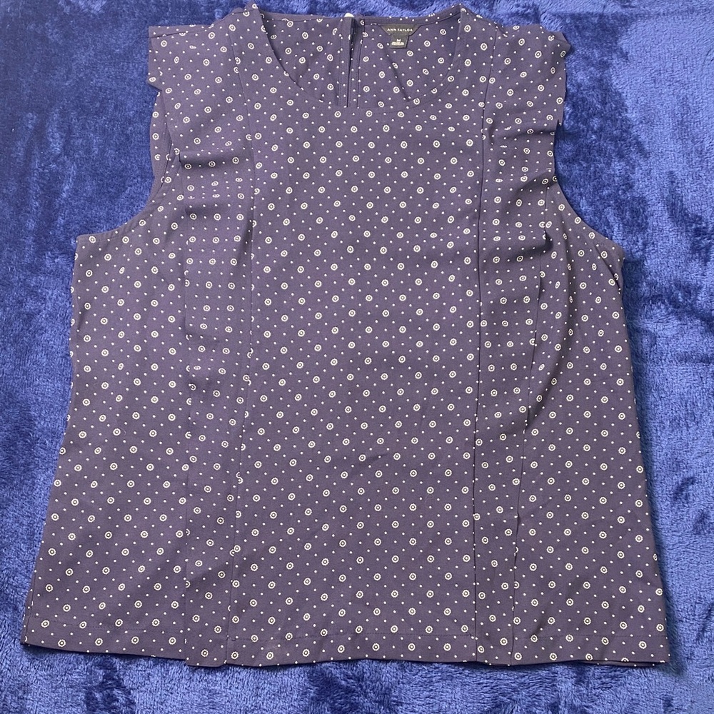 Ann Taylor Navy Blue Sleeveless Blouse with Dots, Size M